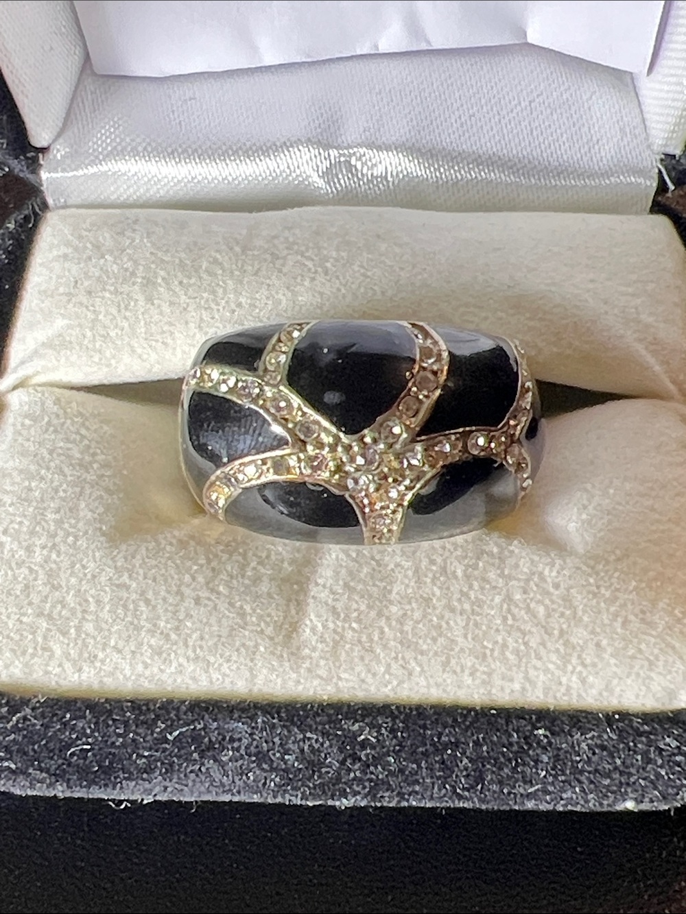 Black Enamel Dome Ring with Crystal Accents